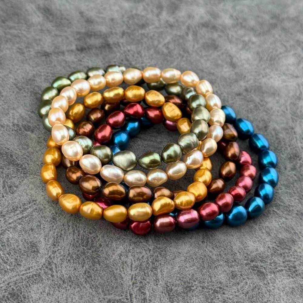 Set of Six 6 Cultured Large 0.25" Freshwater Pearls Stretch Bracelets Multicolor